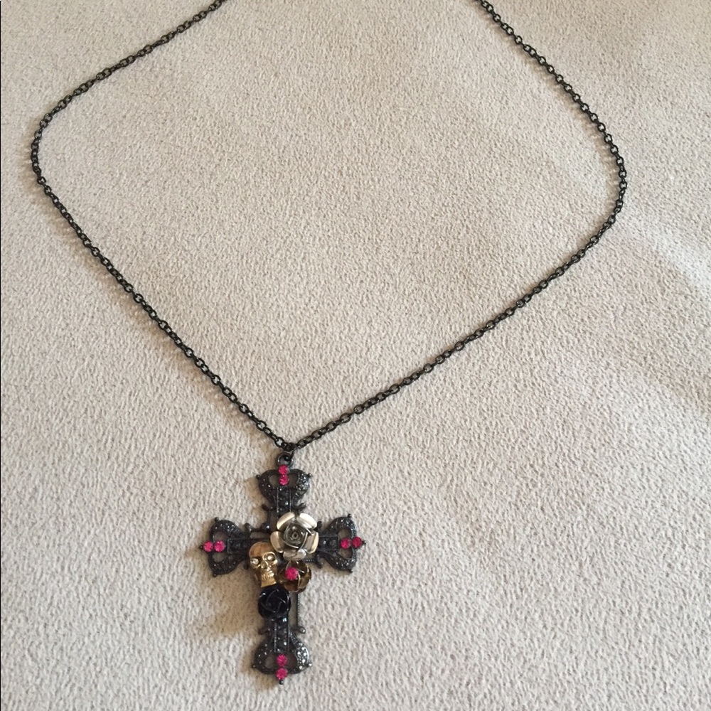 Cross necklace with skull and roses